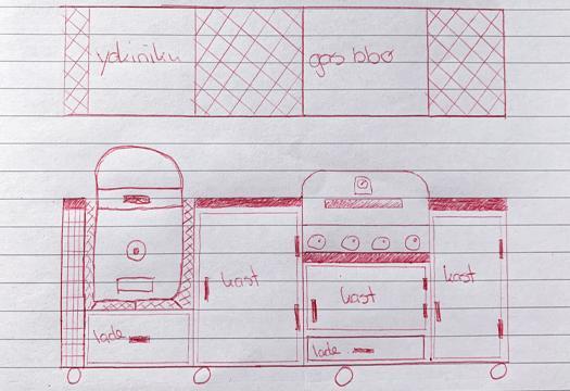 Vooraan en bovenaanzicht van buitenkeuken schets voor Yakiniku kamado en Meridian Built-in 4b gas bbq